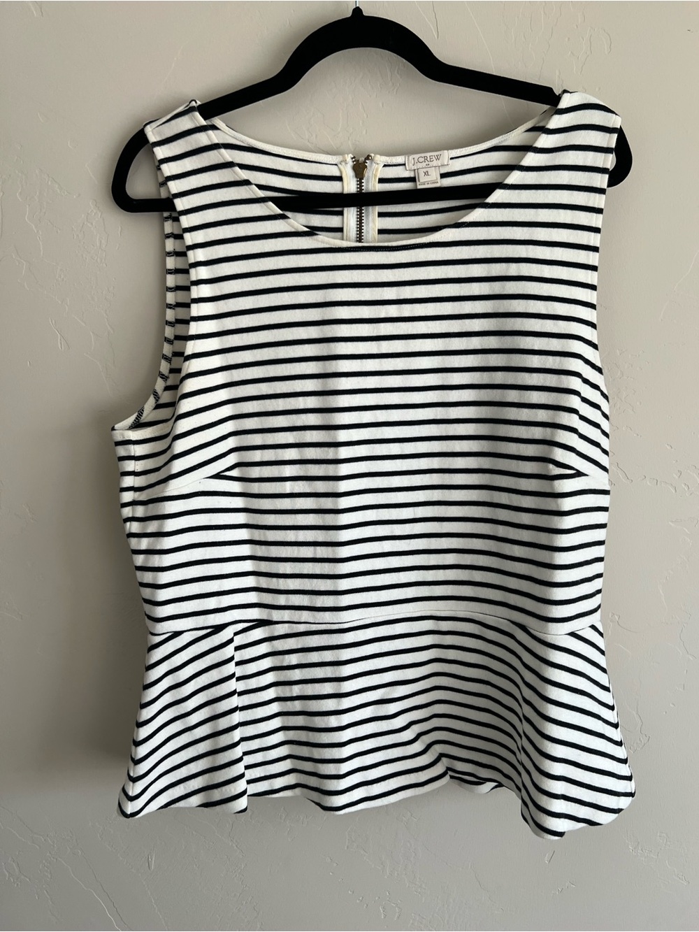 J.Crew Ponte Peplum Top Black Ivory Stripe Back Zip Size XL